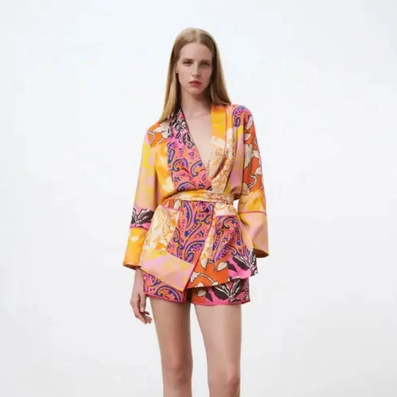 

Женский костюм с шортами Nlzgmsj Za, винтажный комплект из двух предметов с принтом, рубашка с высокой талией, пляжный костюм 2021, 202107