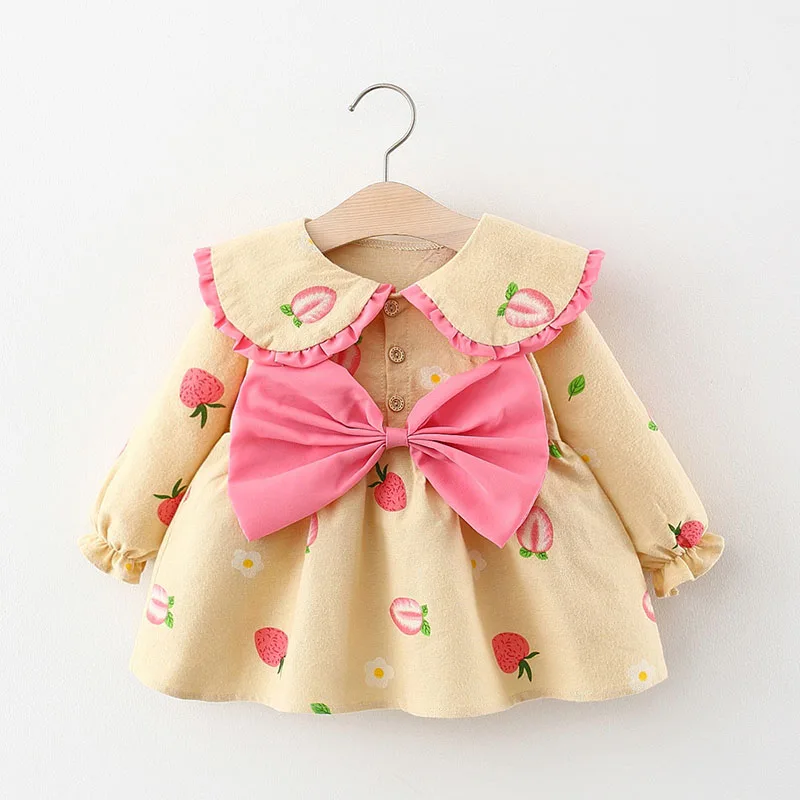 

Платье для маленьких девочек с большим бантом, новинка 2021, модные платья принцессы с цветочным принтом, милая осенняя одежда для новорожден...