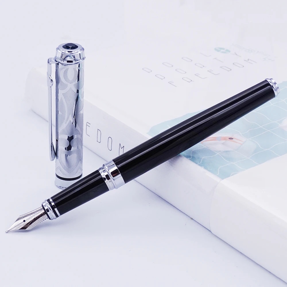 

Duke Metal Black Fountain Pen Sapphire Silver Heart-shaped Cap with Clip Ink Pen Medium Nib 0.6mm Business Office School Gift