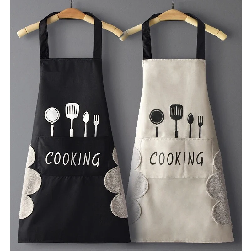 

1 Pcs Apron Black Knife and fork Print Brief Adult Water and Oil Proof Apron Kitchen Restaurant Cooking Bib Aprons with Pocket