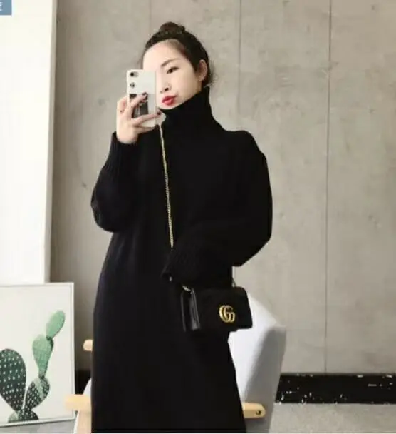 

Winter Women Turtleneck Knitted Sweater Dress Long Female thickened Loose Dress Long Sleeve Soft High Quality Vestidos UM034