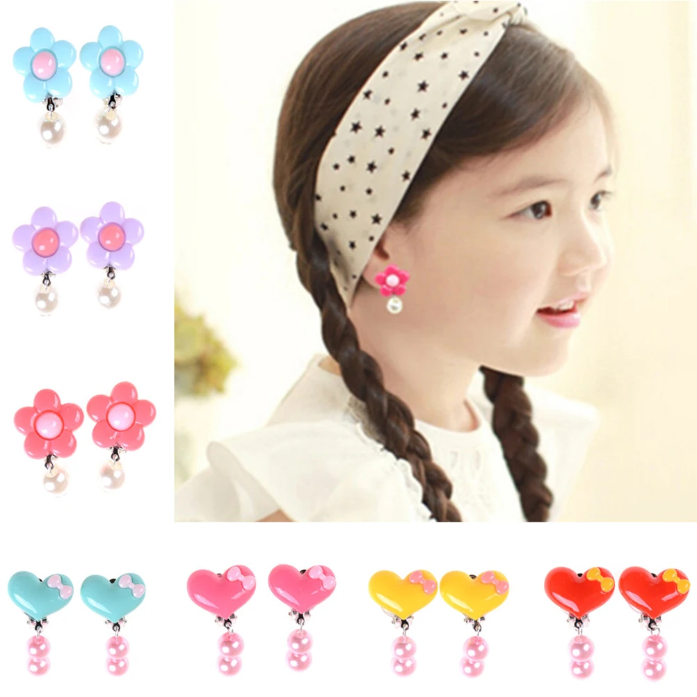 

1 Pair Kids Flower Dropping Earring Clip Sunshine Baby Girl Jewelry Resin Round Beads Cute Holiday Gift For Children Gift