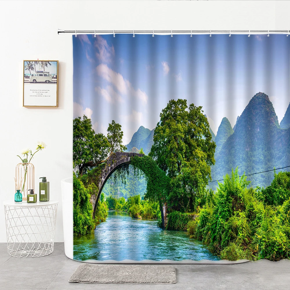 

Park Garden Landscape Shower Curtain Fabric Green Plants Willow Houses Construction Stone Road Decor Wall Cloth Bath Curtains