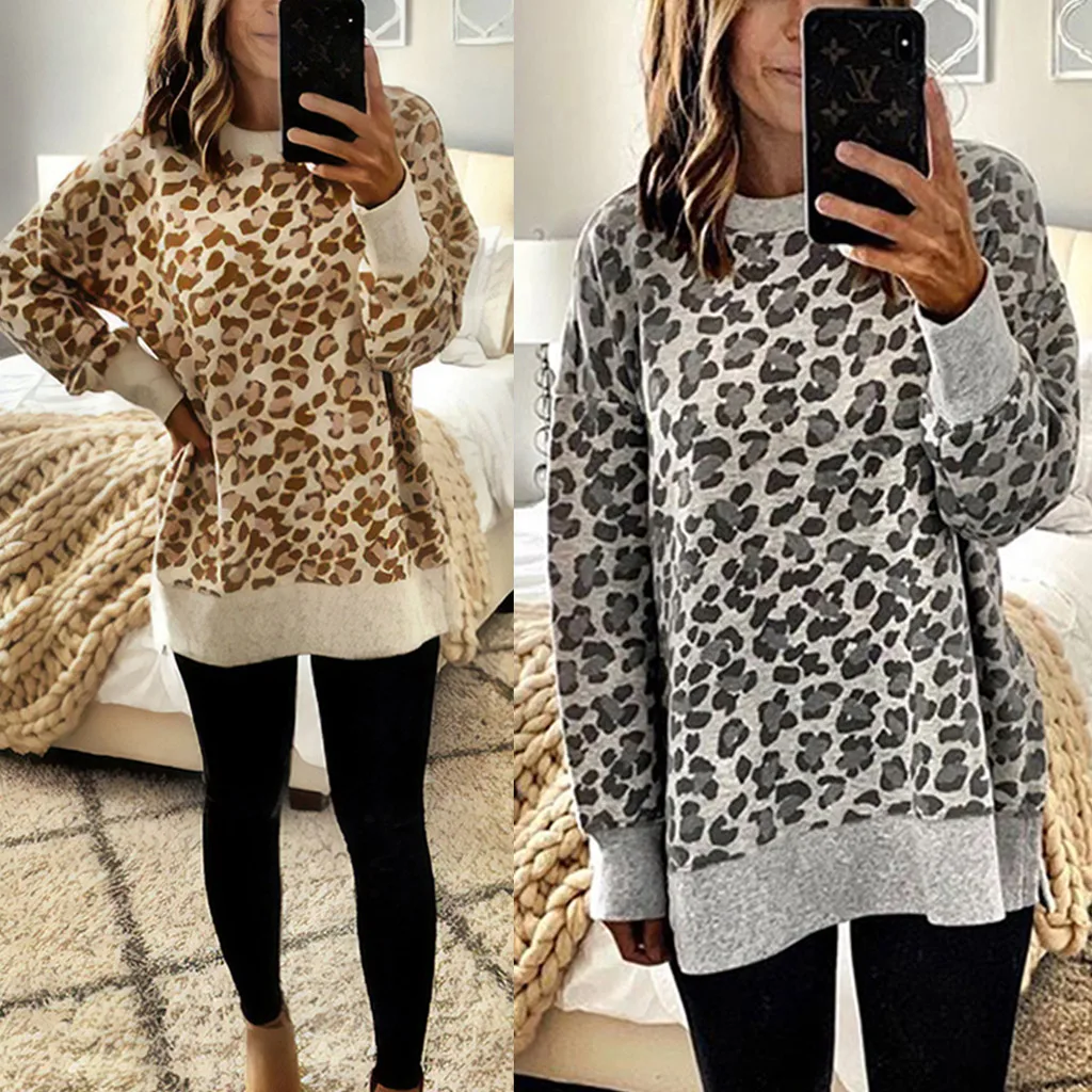 2019 Толстовка для девочек Женская леопардовая с разрезом по подолу осенний топ