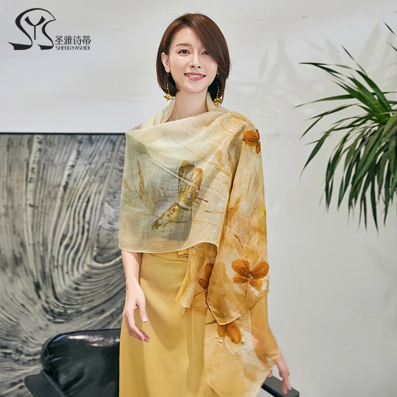 Осенний Шелковый шерстяной шарф с ручной вышивкой женский принтом 2020 |