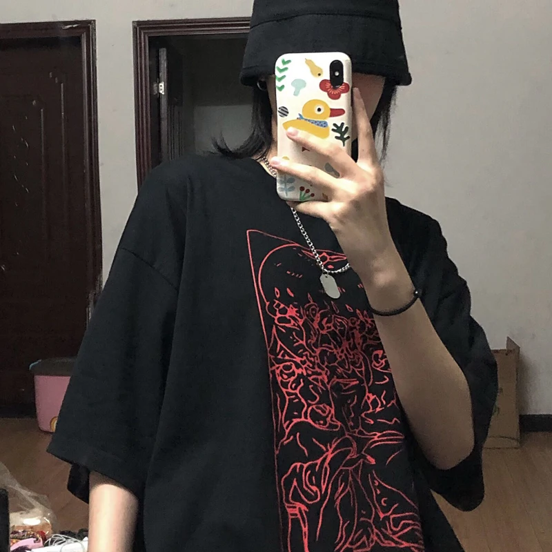 Черная Женская футболка в стиле панк Харадзюку уличная одежда свободные топы