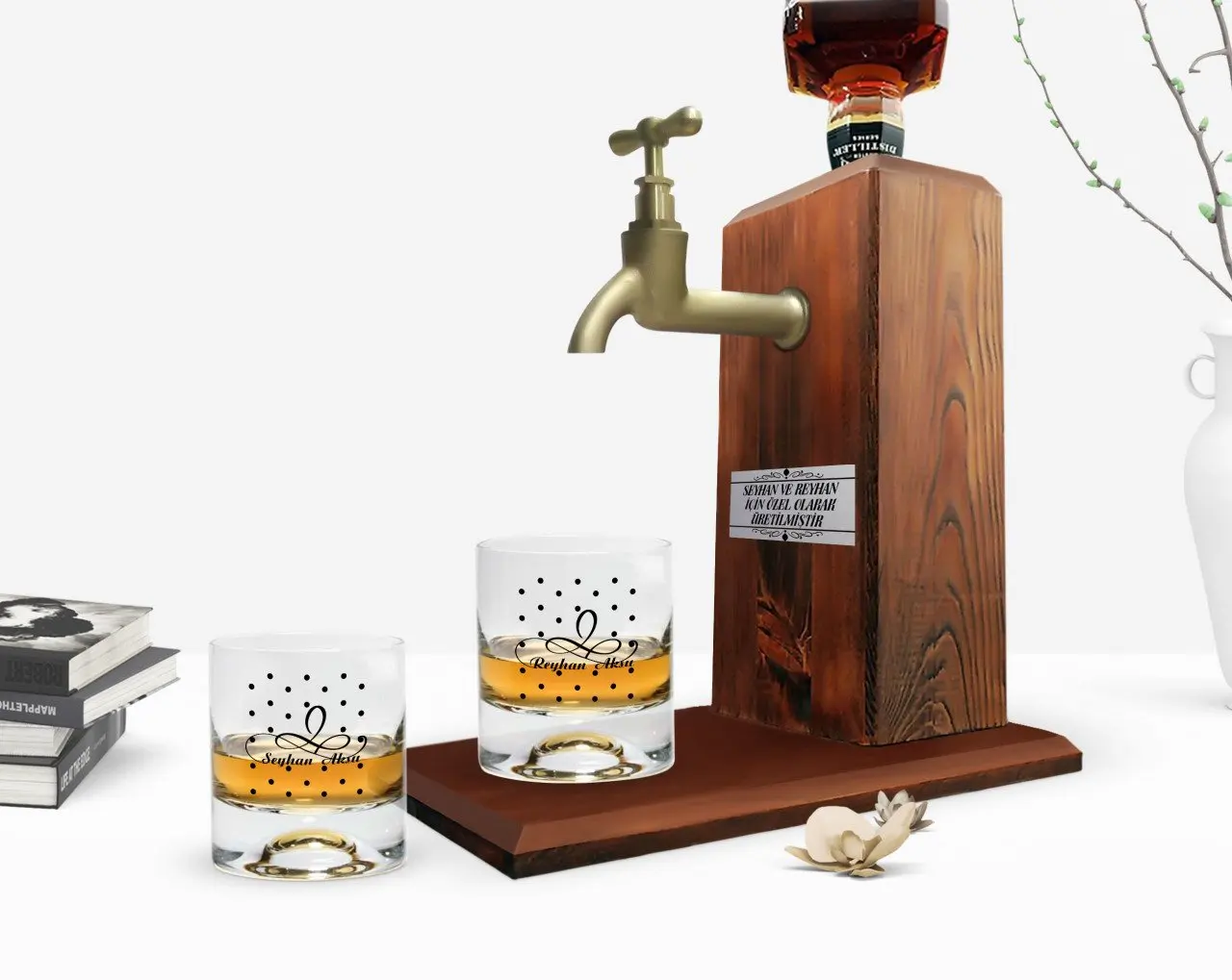 

Индивидуальный красочный принт-двойная чашка для виски и деревянная подставка для виски, Подарочный набор-4