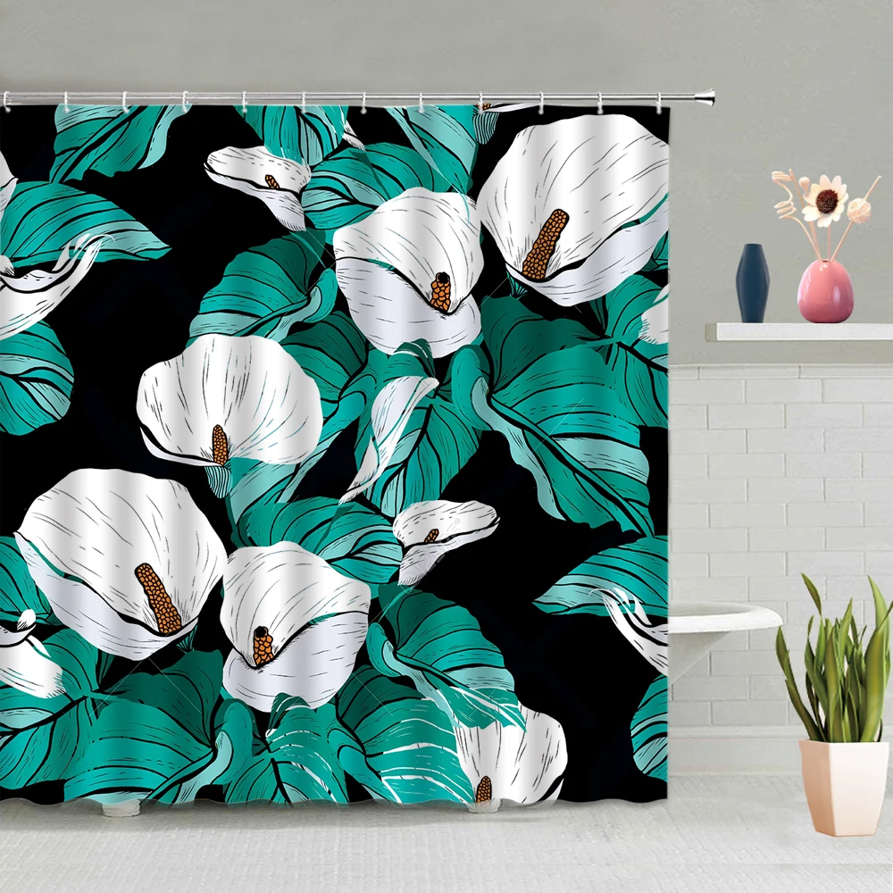 

Leaves Plants Shower Curtains Living Room Background Wall Decoration Bathroom Bath Curtain Washable With Hooks Home Decor Screen