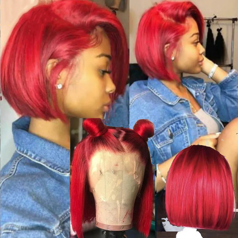 

Short Red Bob Human Hair Lace Front Wigs Preplucked Lace Frontal Wigs Hair Wigs With Baby hair 180 Density