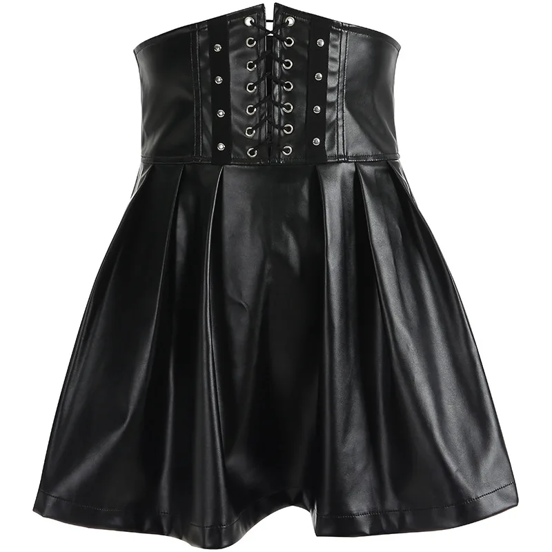 

SUCHCUTE Women's Skirts Gothic Harajuku Bandage Faux Leather Korean Fashion Black Mini Pleated Skirts 2020 Summer Party Pu Saias