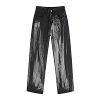 fashion women straight jeans korean high waist washed irregular tie dyed baggy autumn denim pants vintage casual trousers tide