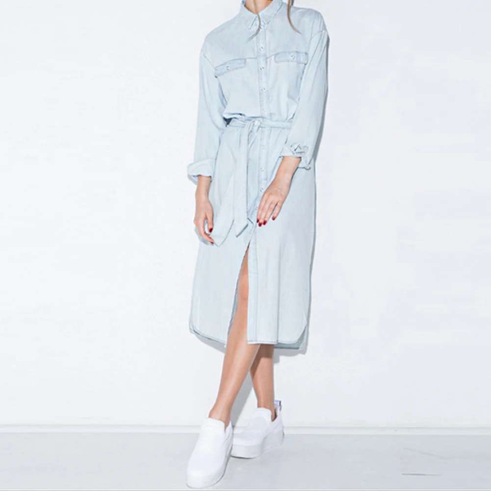 

Женское джинсовое платье с длинным рукавом, повседневное винтажное платье с поясом в стиле ретро