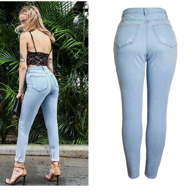 

2020 New Arrivals Woman Autumn Winter High Waist Ladies Jeans Blue Solid High Street Denim Skinny Stright Pants