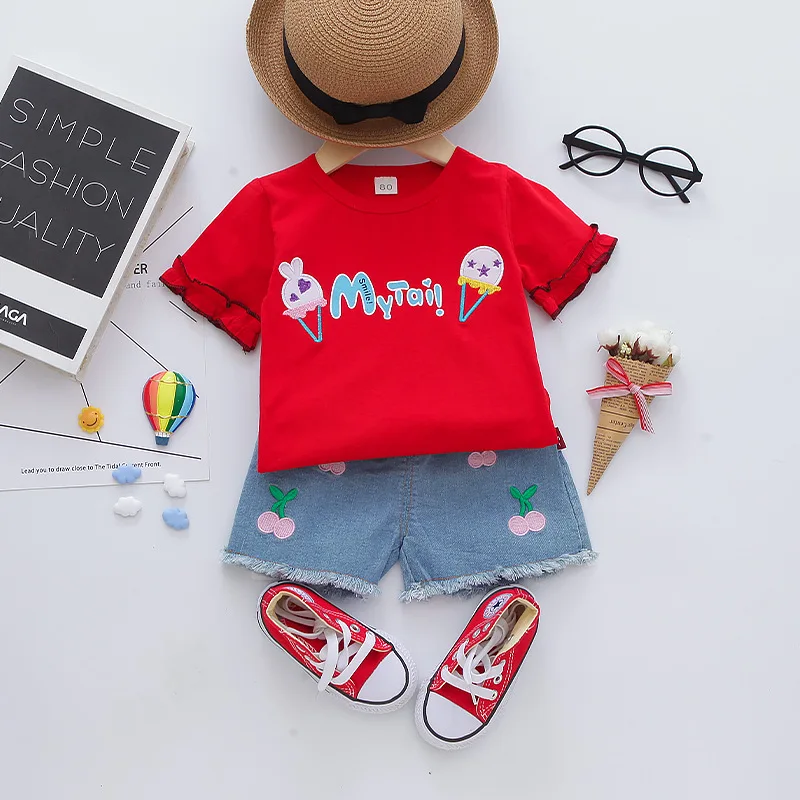 Комплект летней одежды для девочек Новый Модный хлопковый комплект из 2