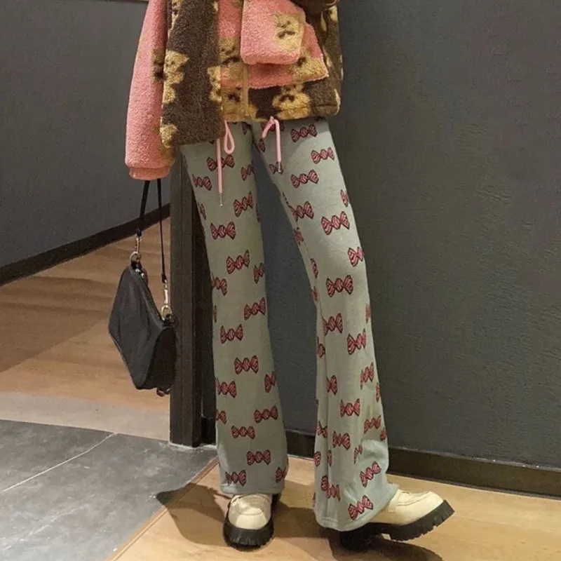 

SHENGPALAE Personality Candy Knitted Casual Trousers Women's Spring 2021 New High Waist Fashion Drawstring Flare Pants Female