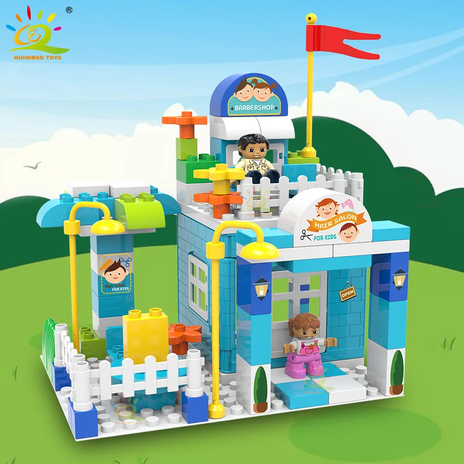 

HUIQIBAO 93PCS Barber Shop Building Blocks City Street View Architecture Figures Large Big Size Bricks Toys For Children Gifts