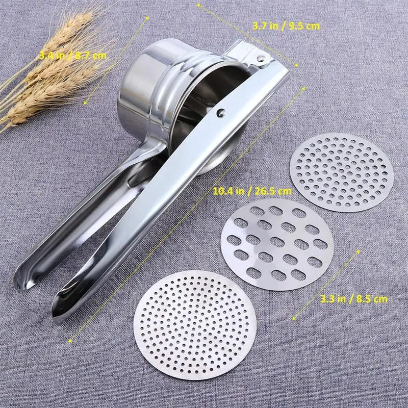 

Stainless Steel Potato Ricer with 3 Interchangeable Disks Food Strainer Fruit Masher and Food Press with Ergonomic Comfort Grip
