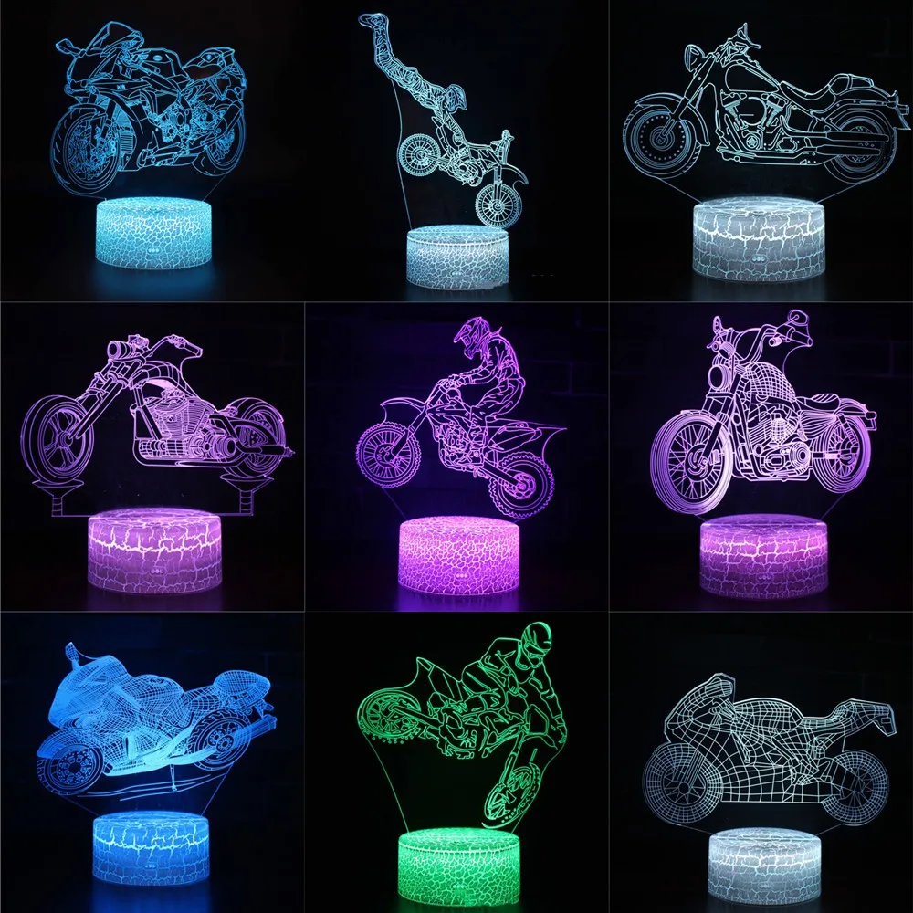 

Night Lamp For The Bedroom Motorcycle Series 3d Colorful Light Decor Remote Control Creative Plug-in Led Gift Table Unique Small