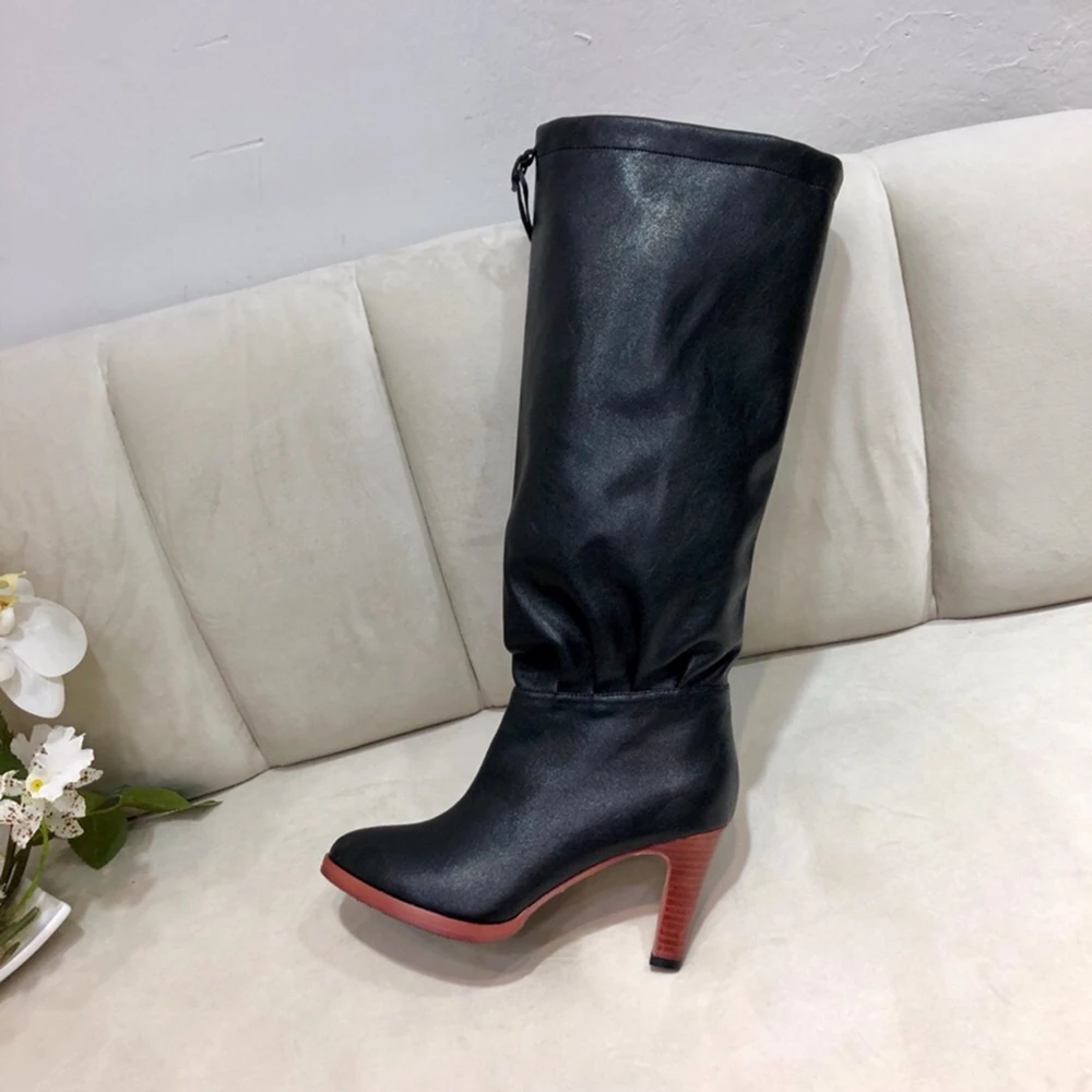 Black Chueyz/модные женские сапоги до колена на Высоком толстом каблуке Женская обувь на тонком каблуке с круглым носком дышащие яловые женские туфли - Цвет: Black