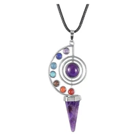 silver plated spiral with many colors small beads hexagon pyramid pendant healing chakra necklace amethysts jewelry