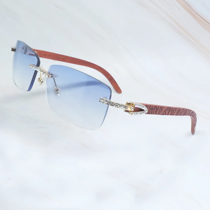 Wooden Sunglasses Men Rhinestone Rimless Carter Square Color Craved Wood Sun Glasses Diamond Shades Iced Out Decoration Eyewear |