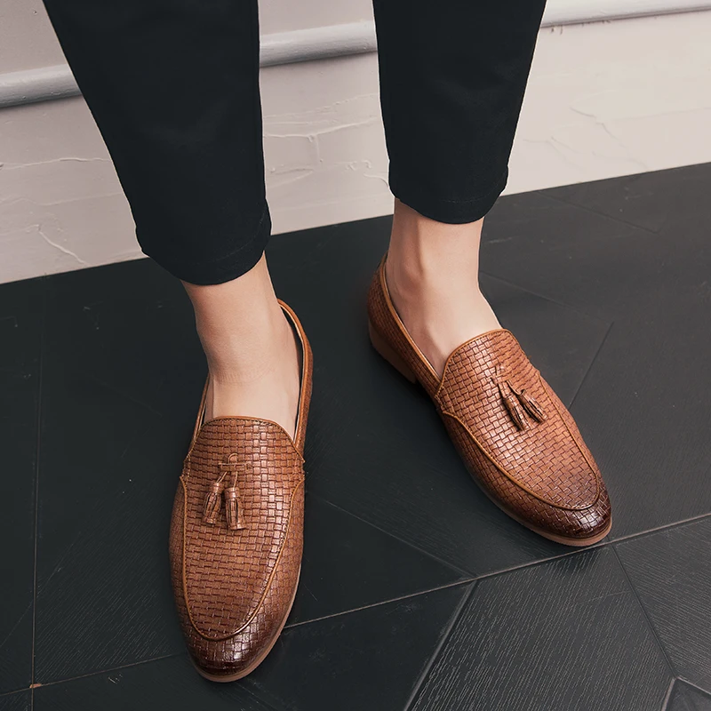 Mens Shoes Casual Leather Loafers Fashion Weave Slip on Formal Business Bureau Leisure Walk Male Adult Comfortable | Обувь