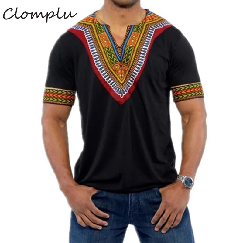 

Clomplu African Clothes Dashiki New Fashion Summer T-Shirt African Dashiki Men Casual Printed Short Sleeve V Neck Tops