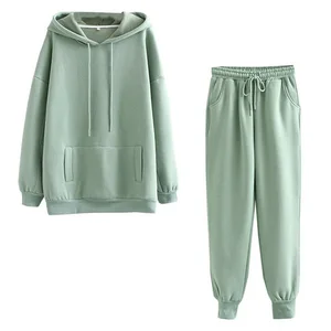 Женский спортивный костюм из 2 предметов, повседневный однотонный спортивный костюм большого размера, теплые толстовки и штаны, Осень-зима 2021