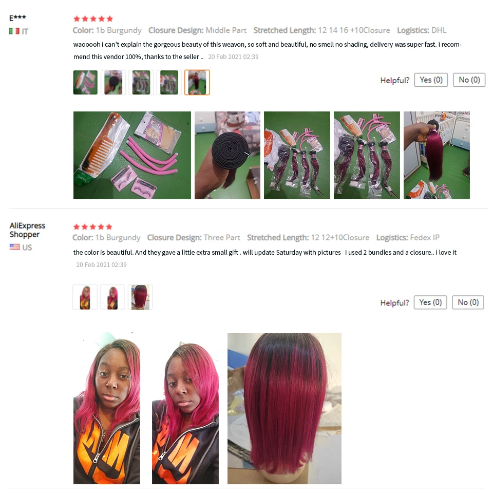 1B бордовый пряди с закрытием прямые волосы пучки человеческих волос Ombre