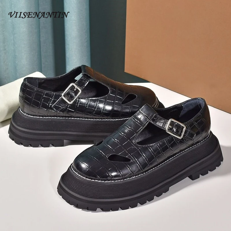 

New patent leather platform Mary Jane single shoes women retro stone pattern round toe hollow high-heeled shoes