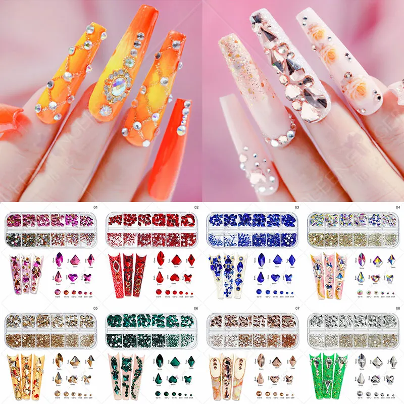 

12Gird Box Multi Size AB/Colorful Hotfix Rhinestones Flatback Crystal Diamond Gems 3D Glitter Nail Art Luxurious Decorations