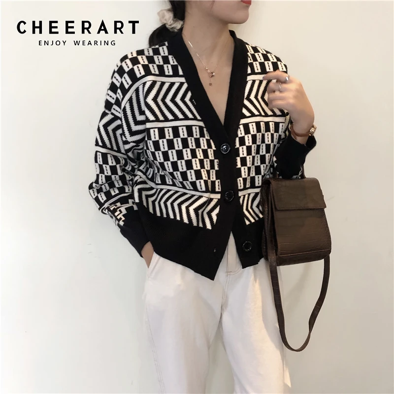 CHEERART женский винтажный кардиган с v образным вырезом клетчатый Вязаный Кардиган