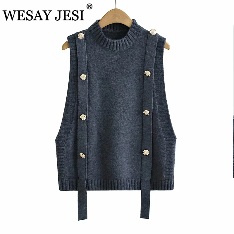 

WESAY JESI Women Clothing Sweater Vest TRAF ZA 2021 Pull Jersey Knit Sweater Ribbed Trims Button Straps Patchwork Woman Gilets