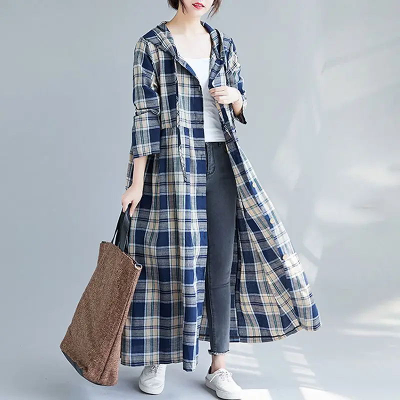 Женский Повседневный Тренч в стиле ретро хлопковое льняное пальто клетку с