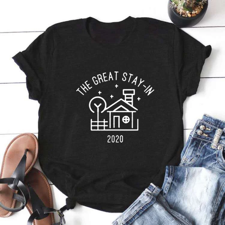

Футболка женская с надписью The Great Stay In, Повседневная хлопковая рубашка свободного покроя с круглым вырезом и коротким рукавом, на лето