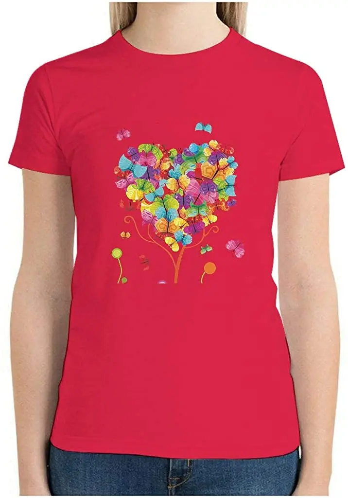 

Womens T-Shirt 100% Cotton Crew Neck Short Sleeves Tee Butterfly Heart Tree Top