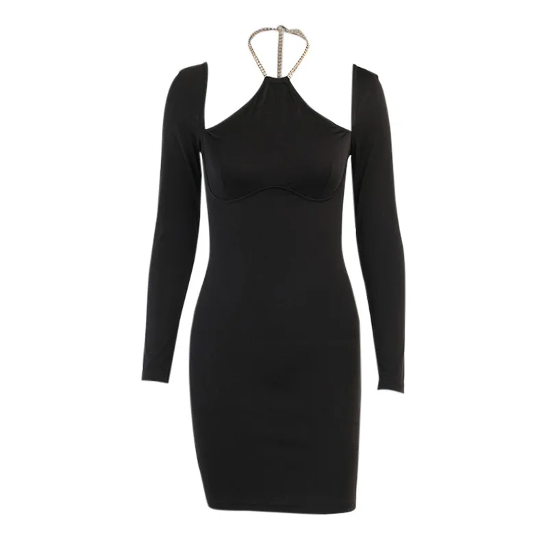 

Черное платье с длинным рукавом для женщин, пикантное вечернее облегающее платье с открытой спиной и лямкой на шее, с металлической цепочко...