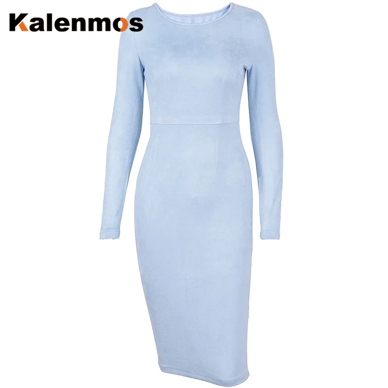 Замшевые Длинные рукава Bodycon Midi платье KALENMOS 2019 Осень Зима Женщины Высокая талия o