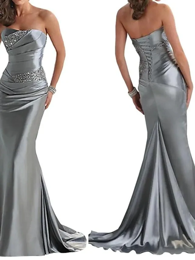 

Женское вечернее платье-русалка, Элегантное длинное серое платье для выпускного вечера, расшитое бисером, без бретелек