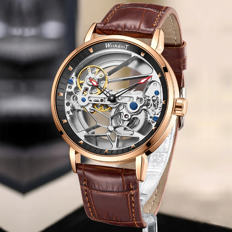 

WISHDOIT Skeleton Watch Men Automatic Mechanical Movement Top Brand Luxury Clock Waterproof Business Watch relogio masculino
