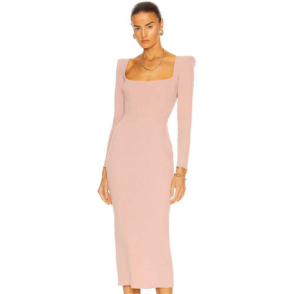 

Autumn Winter Knitted Sweater Women Sexy Square Collar Long Sleeves Party Elegant Vintage Casual Mid Calf Dress