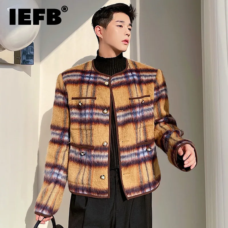 

IEFB Male Fashion Chic Plaid Color Block Spliced Woolen Jacket Autumn Winter Loose O-neck Single Breasted Long Sleeve Short Coat