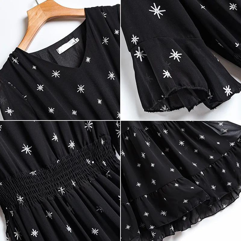 

2021 New Women Summer Fashion short-sleeved chiffon black Print v-neck Slim Long Midi dress Casual Beach Vacation