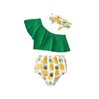 2020 summer kids swimsuit toddler baby girl swimwear pineapple bow bikini swimming one shoulder tops hight waist bottom headband