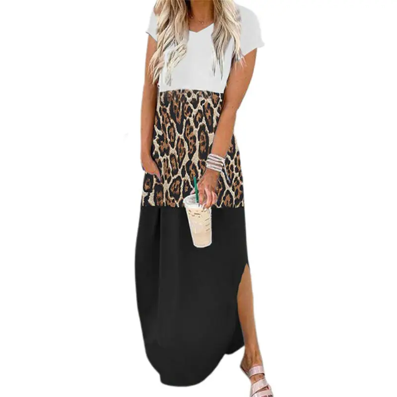 

Leopard Color Patchwork Dress for Women O-neck V-Neck T-Shirt Split Dress Fashion Casual Summer Short Sleeve Long Dress