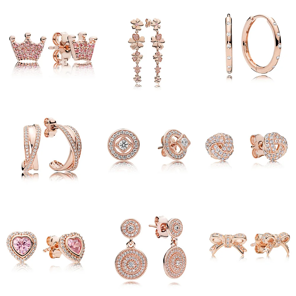 

925 Sterling Silver Earrings Rose Gold Diy Crown Of The Queen Crystal Cz Earrings For Women Wedding Party Jewelry
