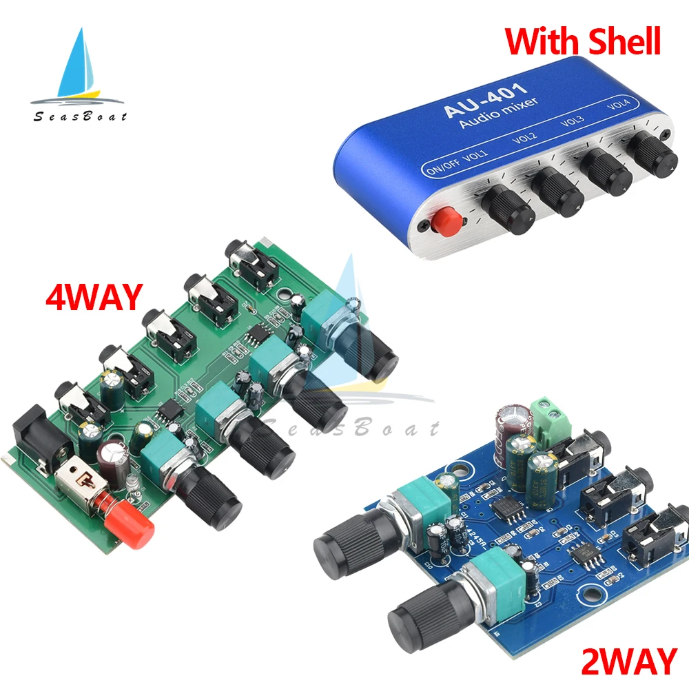

AU-401 DC 5V-12V Stereo Audio Mixer 2/4 Input 1 Stereo Output Audio Signal Mixing Board Sound Mixing DIY Headphones Amplifier