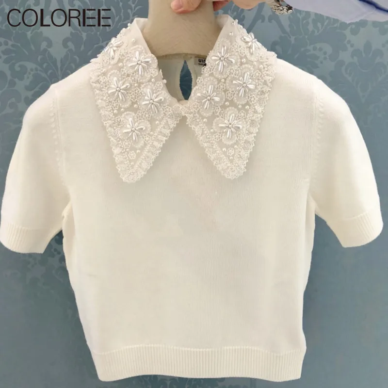 Корейский модный белый топ с бисером для женщин 2021 летний Повседневный пуловер