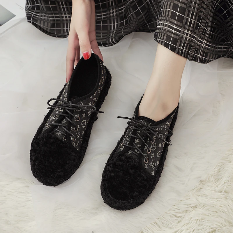 High Quality Autumn Shoes Woman Flat Black Fur Plush Loafers Women Casual Lace Up Zapatos Mujers |