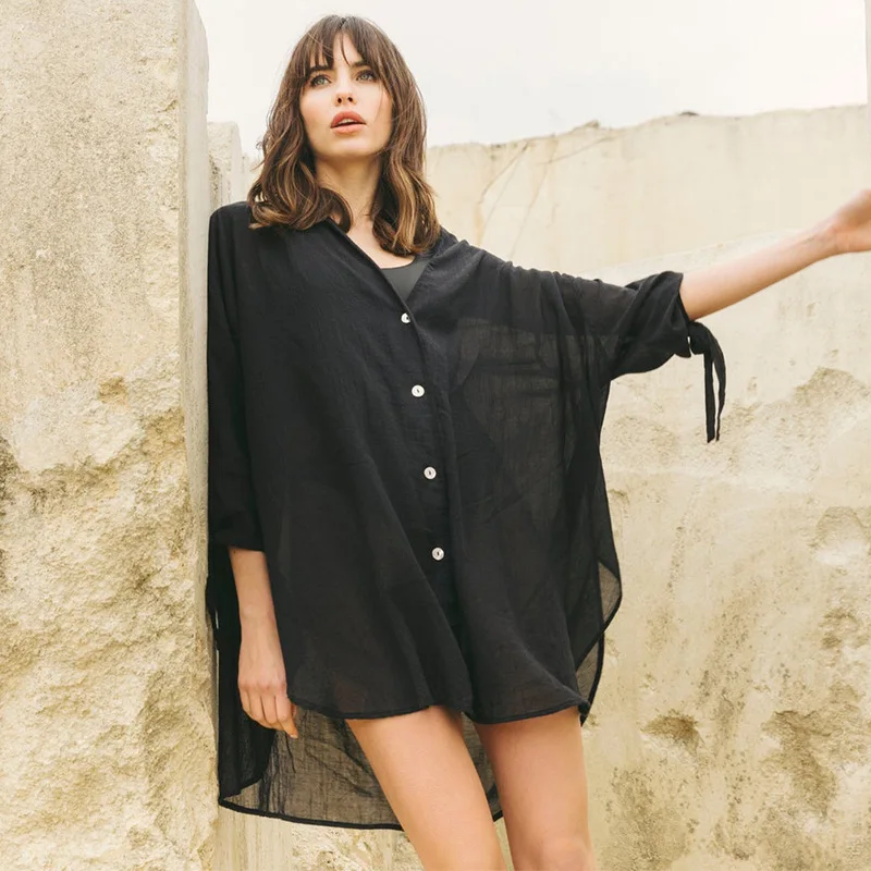 

Shirt Beach Dress Woman Loose Hollow out V Neck Single Breasted Oversized Short Dress Holiday Summer Bikini Cover up